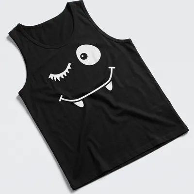 Cartoon winking face with bat eyelashes in black and white — printed on a tank top