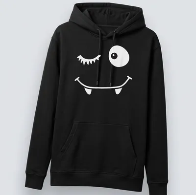 Cartoon winking face with bat eyelashes in black and white — printed on a unisex hoodie