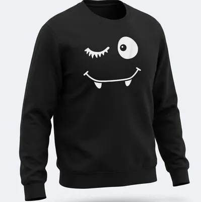 Cartoon winking face with bat eyelashes in black and white — printed on a unisex sweatshirt