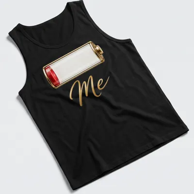 Illustration of a battery icon with the text Low Battery Me in red and gold — printed on a tank top
