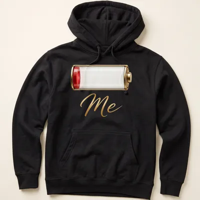 Illustration of a battery icon with the text Low Battery Me in red and gold — printed on a unisex hoodie