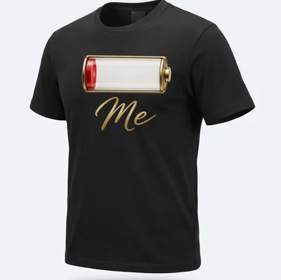 Illustration of a battery icon with the text Low Battery Me in red and gold