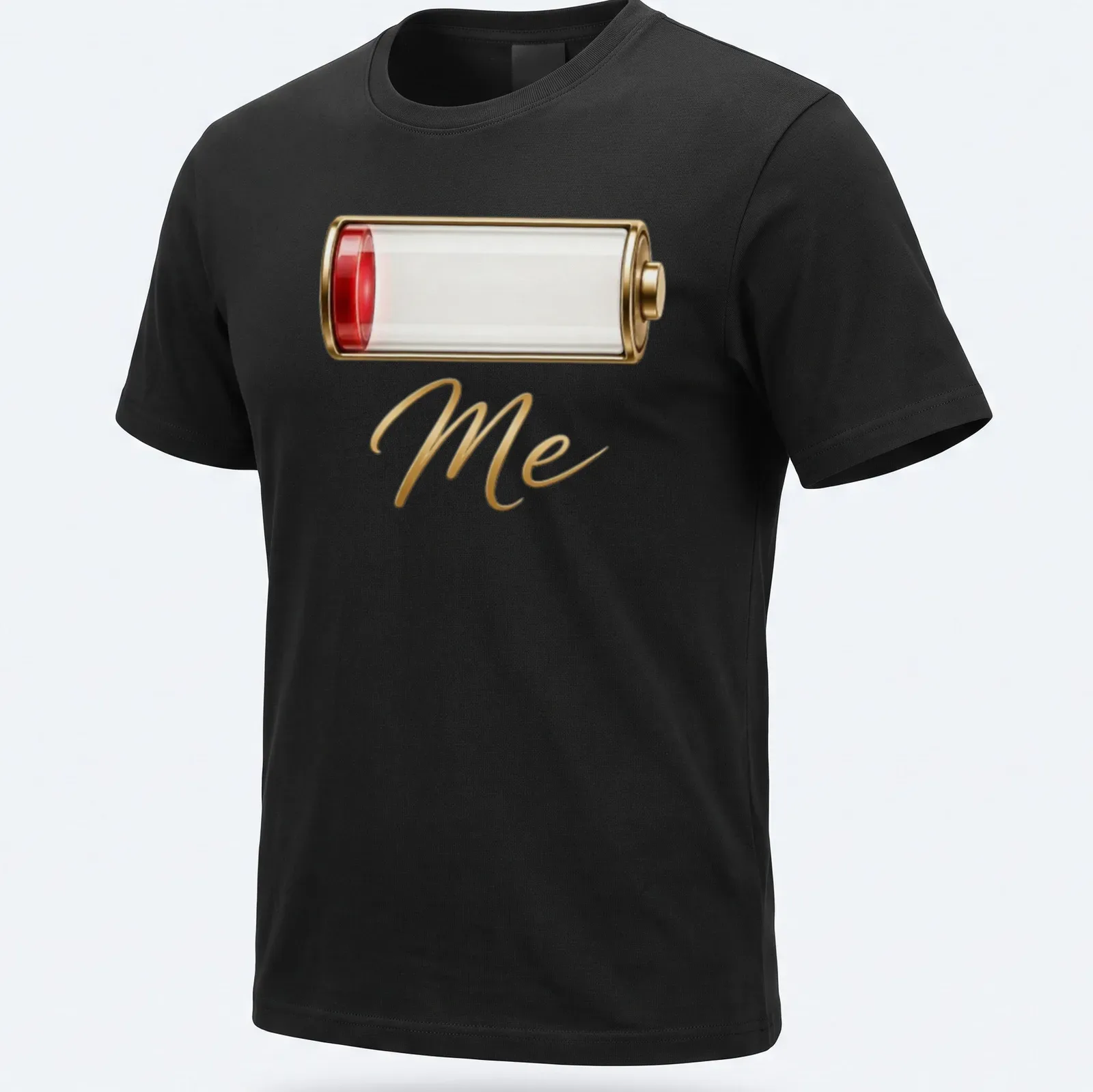 Illustration of a battery icon with the text Low Battery Me in red and gold — printed on a unisex t-shirt