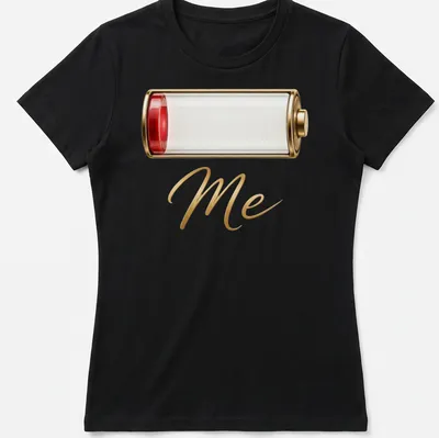 Illustration of a battery icon with the text Low Battery Me in red and gold — printed on a women's shirt