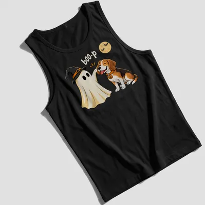 Cartoon Beagle dressed as a ghost with the text 'boo-p' in orange and black — printed on a tank top