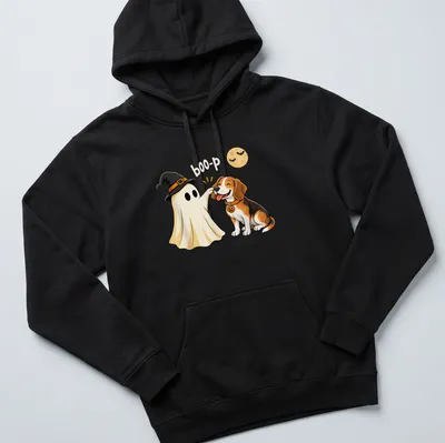 Cartoon Beagle dressed as a ghost with the text 'boo-p' in orange and black — printed on a unisex hoodie
