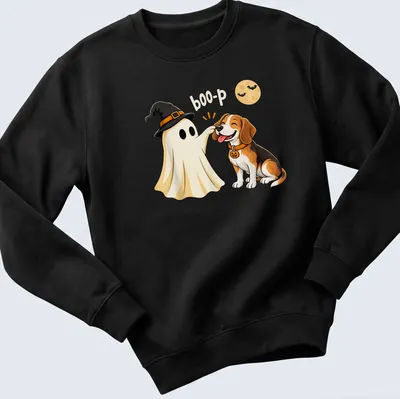 Cartoon Beagle dressed as a ghost with the text 'boo-p' in orange and black — printed on a unisex sweatshirt