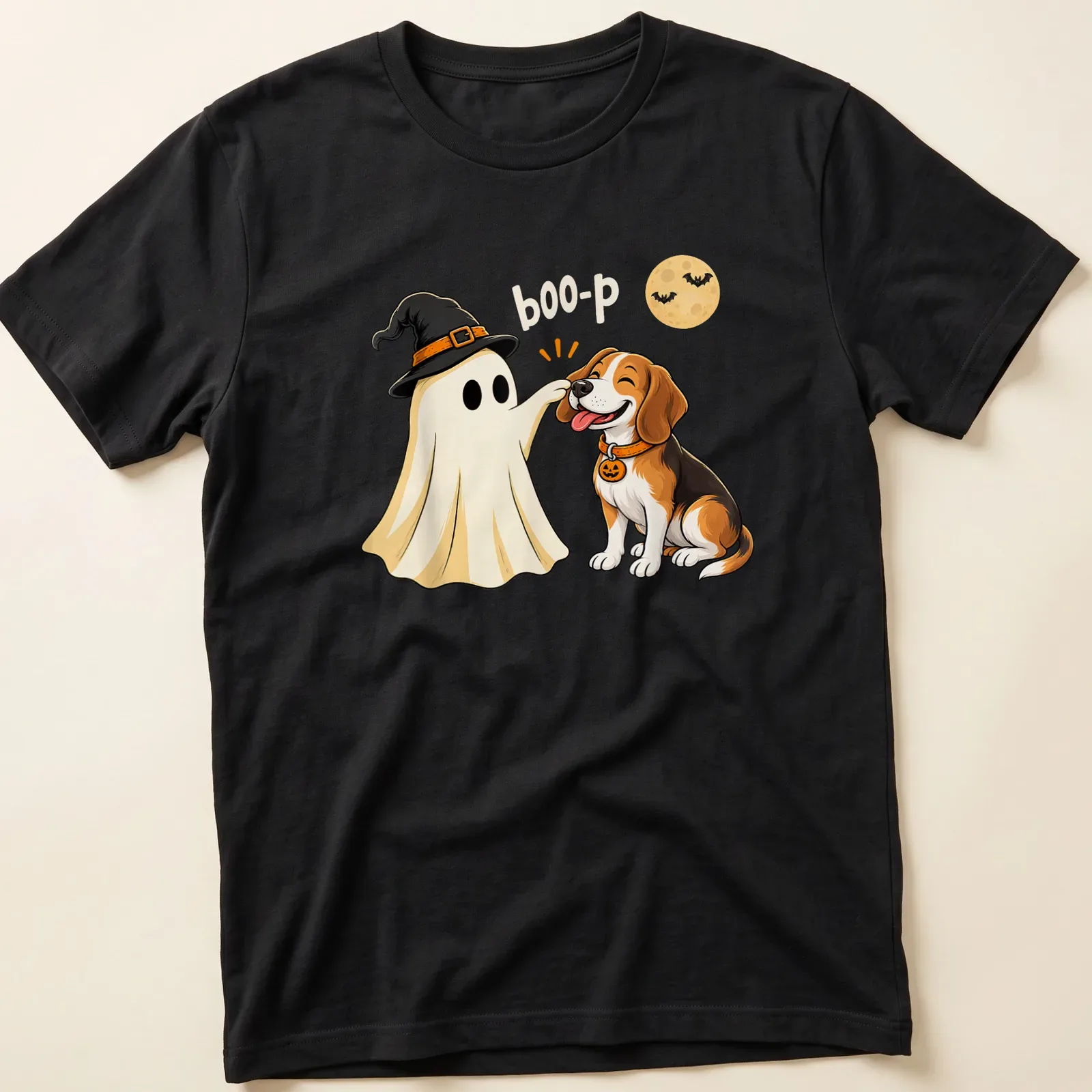 Cartoon Beagle dressed as a ghost with the text 'boo-p' in orange and black — printed on a unisex t-shirt