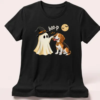 Cartoon Beagle dressed as a ghost with the text 'boo-p' in orange and black — printed on a women's shirt