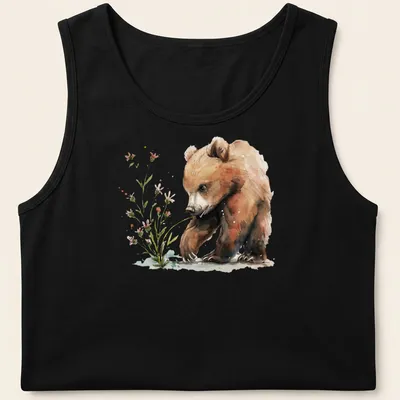 Watercolor print of a cute bear cub in natural colors — printed on a tank top
