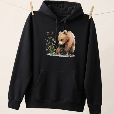 Watercolor print of a cute bear cub in natural colors — printed on a unisex hoodie