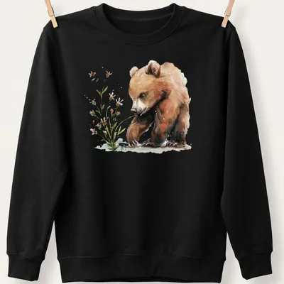 Watercolor print of a cute bear cub in natural colors — printed on a unisex sweatshirt