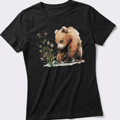 Watercolor print of a cute bear cub in natural colors — printed on a women's shirt
