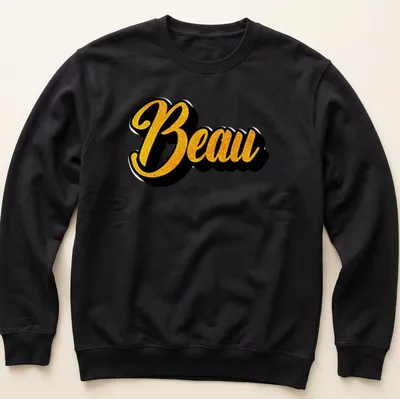 Stylized script t-shirt featuring the name Beau in gold and black — printed on a unisex sweatshirt