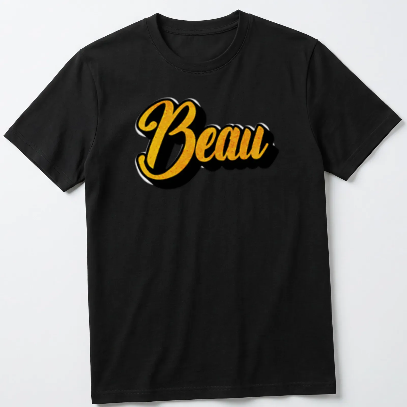 Stylized script t-shirt featuring the name Beau in gold and black — printed on a unisex t-shirt