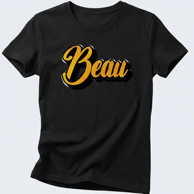 Stylized script t-shirt featuring the name Beau in gold and black — printed on a women's shirt