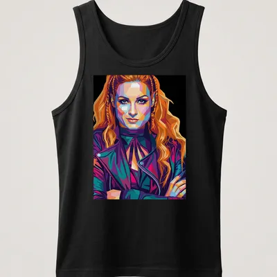 Pop art T-shirt featuring Becky Lynch in bright colors — printed on a tank top