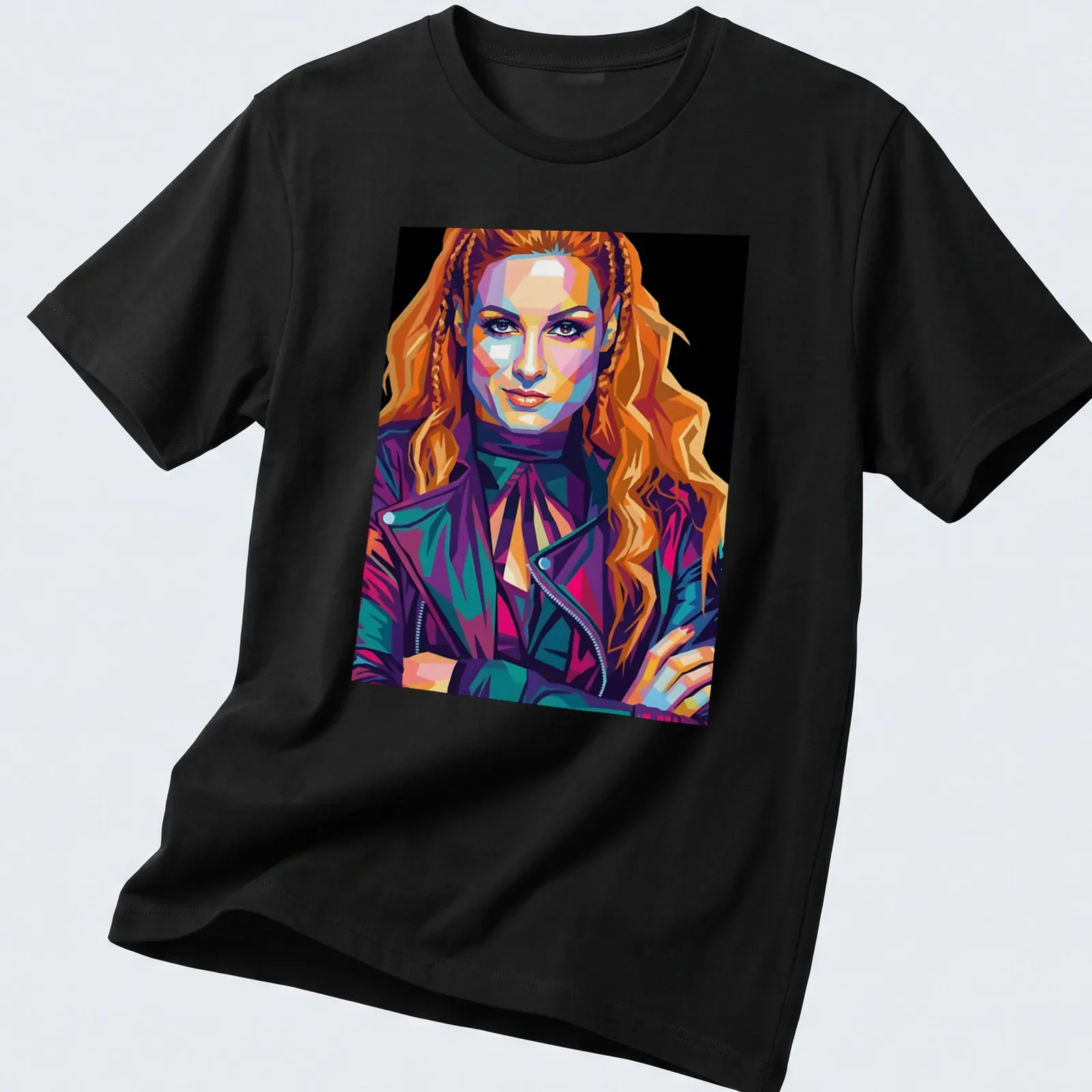 Pop art T-shirt featuring Becky Lynch in bright colors — printed on a unisex t-shirt