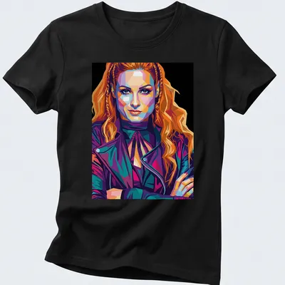 Pop art T-shirt featuring Becky Lynch in bright colors — printed on a women's shirt