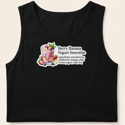 Illustrative graphic of a Berry Banana Yogurt Smoothie with ingredients listed in colorful text — printed on a tank top
