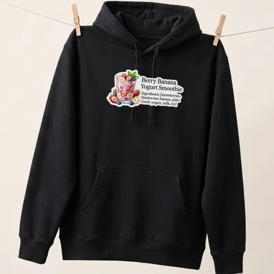 Illustrative graphic of a Berry Banana Yogurt Smoothie with ingredients listed in colorful text — printed on a unisex hoodie