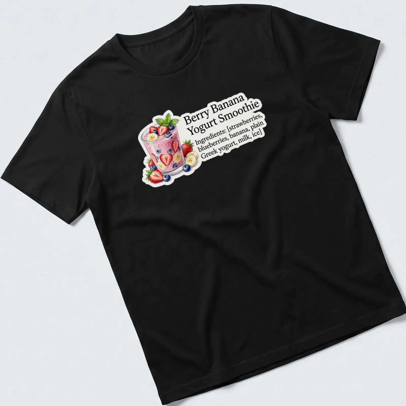 Illustrative graphic of a Berry Banana Yogurt Smoothie with ingredients listed in colorful text — printed on a unisex t-shirt