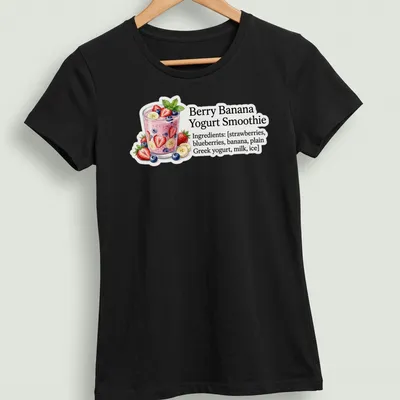 Illustrative graphic of a Berry Banana Yogurt Smoothie with ingredients listed in colorful text — printed on a women's shirt