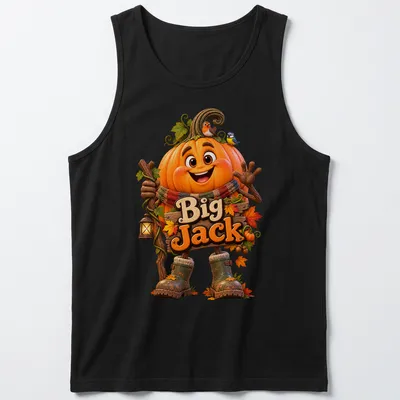 Cartoon pumpkin character with a friendly smile and vibrant colors. — printed on a tank top