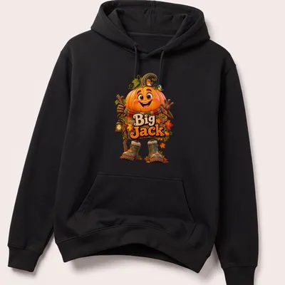 Cartoon pumpkin character with a friendly smile and vibrant colors. — printed on a unisex hoodie