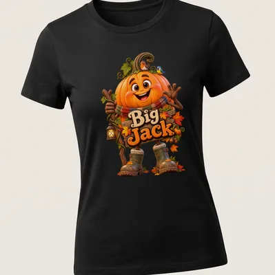 Cartoon pumpkin character with a friendly smile and vibrant colors. — printed on a women's shirt