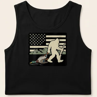 Whimsical Bigfoot carrying a duck with American flag elements in vintage style — printed on a tank top