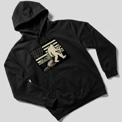 Whimsical Bigfoot carrying a duck with American flag elements in vintage style — printed on a unisex hoodie