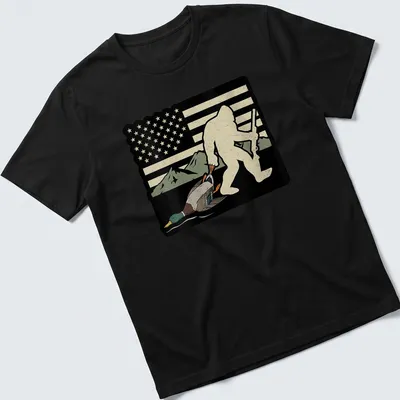 Whimsical Bigfoot carrying a duck with American flag elements in vintage style