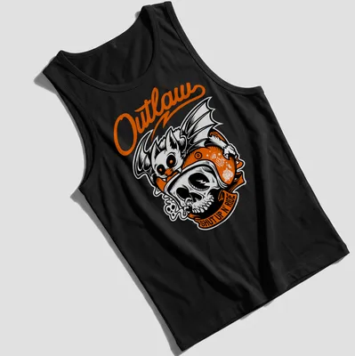 Bold illustration of a biker skull with bat and text 'Outlaw SHUT UP N' RIDE' in black, orange, and white — printed on a tank top