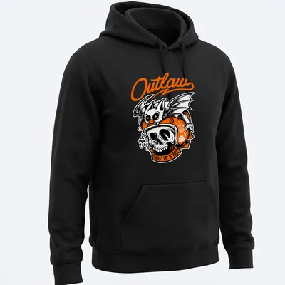 Bold illustration of a biker skull with bat and text 'Outlaw SHUT UP N' RIDE' in black, orange, and white — printed on a unisex hoodie