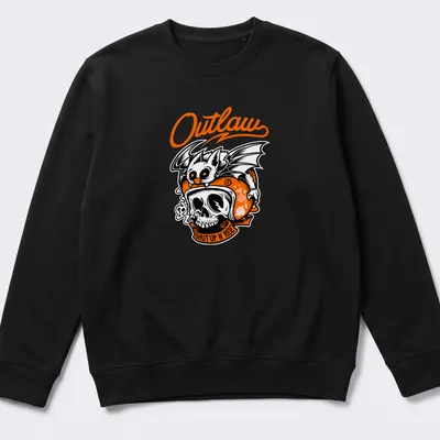 Bold illustration of a biker skull with bat and text 'Outlaw SHUT UP N' RIDE' in black, orange, and white — printed on a unisex sweatshirt