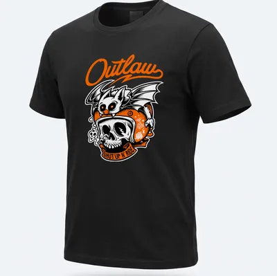 Bold illustration of a biker skull with bat and text 'Outlaw SHUT UP N' RIDE' in black, orange, and white