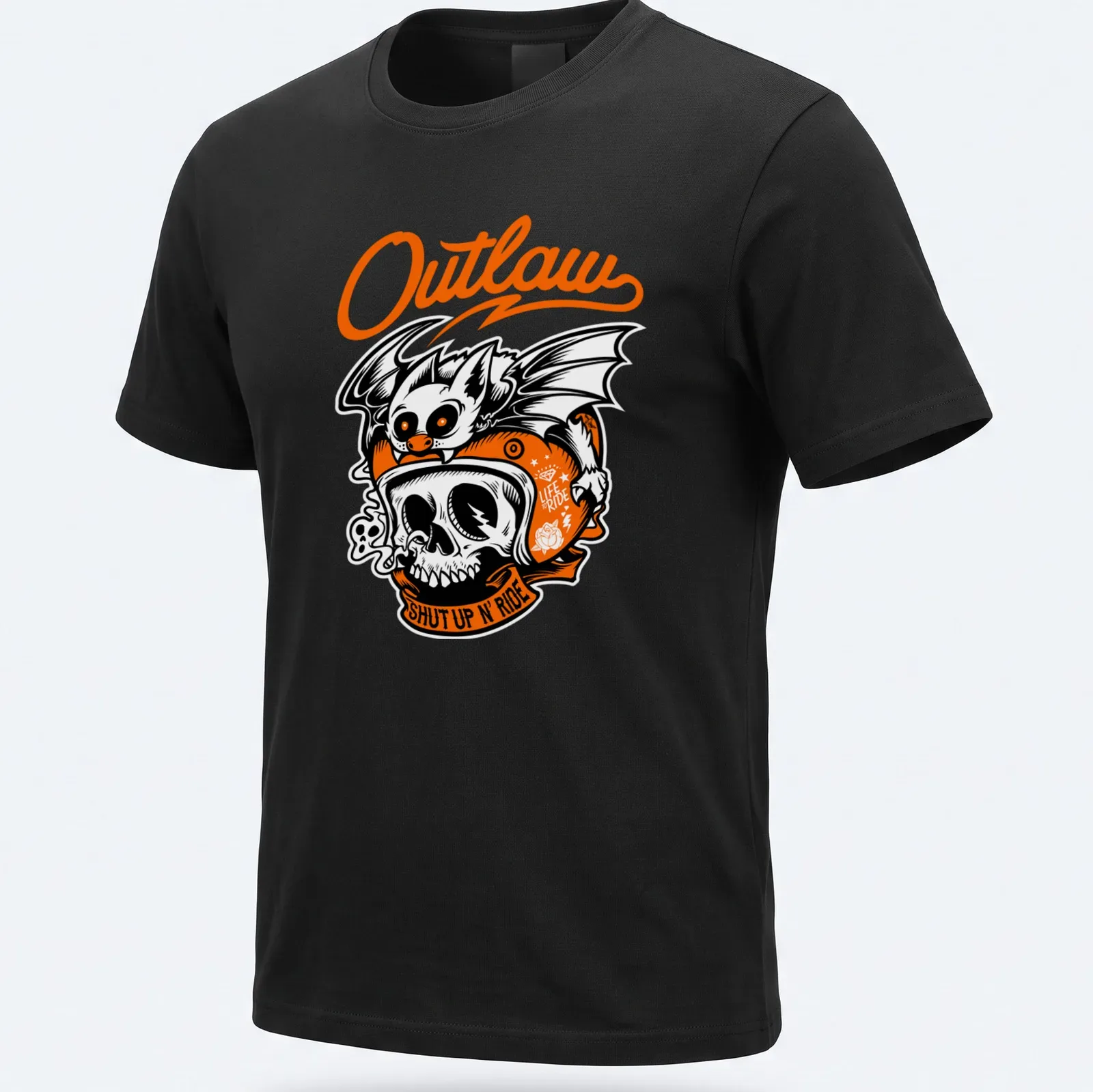 Bold illustration of a biker skull with bat and text 'Outlaw SHUT UP N' RIDE' in black, orange, and white — printed on a unisex t-shirt