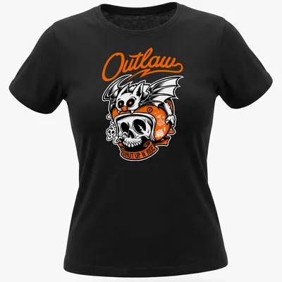 Bold illustration of a biker skull with bat and text 'Outlaw SHUT UP N' RIDE' in black, orange, and white — printed on a women's shirt