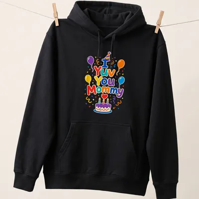 Colorful illustration of a birthday cake and balloons with the text I Yuv You Mommy — printed on a unisex hoodie
