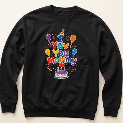 Colorful illustration of a birthday cake and balloons with the text I Yuv You Mommy — printed on a unisex sweatshirt