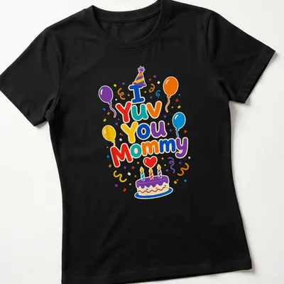 Colorful illustration of a birthday cake and balloons with the text I Yuv You Mommy — printed on a women's shirt