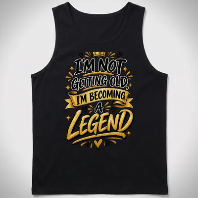 Bold typography t-shirt with the text I'm Not Getting Old, I'm Becoming a Legend in black, gold, and white. — printed on a tank top