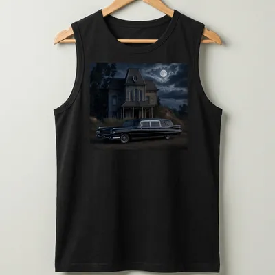 Realistic print of a vintage black hearse with elegant lettering — printed on a tank top