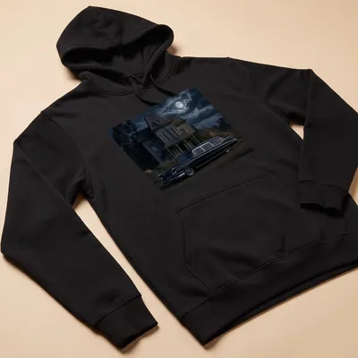 Realistic print of a vintage black hearse with elegant lettering — printed on a unisex hoodie