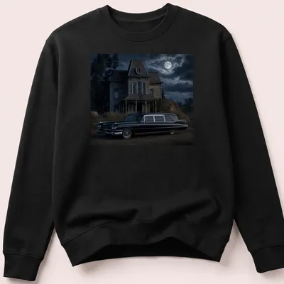 Realistic print of a vintage black hearse with elegant lettering — printed on a unisex sweatshirt