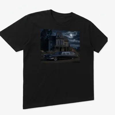Realistic print of a vintage black hearse with elegant lettering — printed on a unisex t-shirt (angled view)