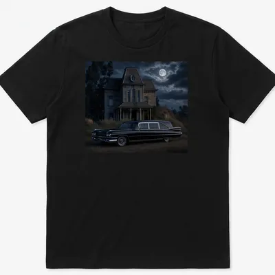 Realistic print of a vintage black hearse with elegant lettering