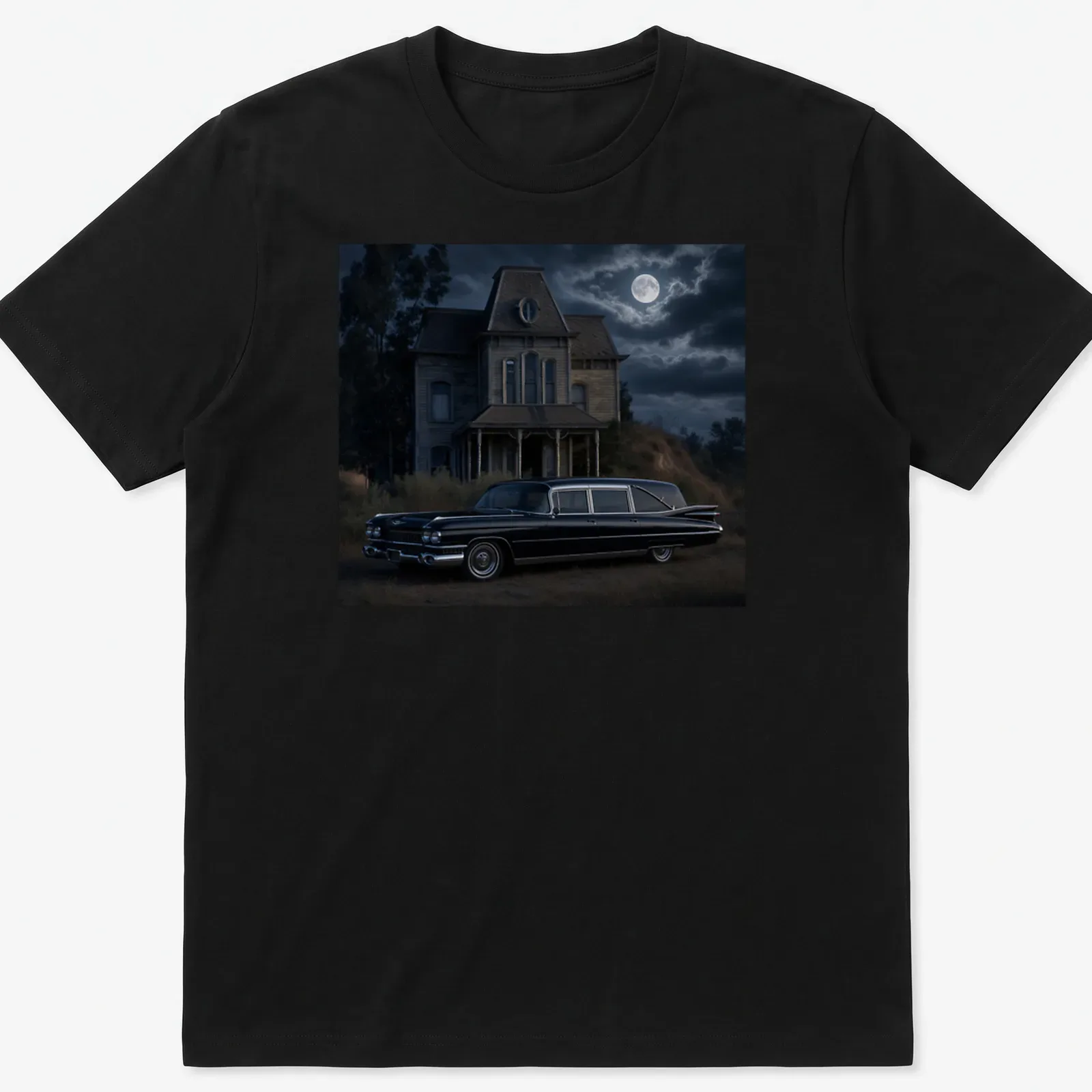 Realistic print of a vintage black hearse with elegant lettering — printed on a unisex t-shirt