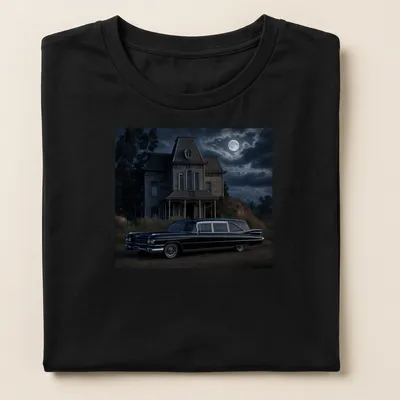 Realistic print of a vintage black hearse with elegant lettering — printed on a women's shirt